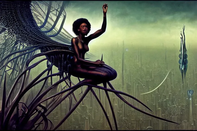 Image similar to realistic detailed closeup portrait movie shot of a beautiful black woman on a giant spider, dystopian city landscape background by denis villeneuve, amano, yves tanguy, alphonse mucha, max ernst, ernst haeckel, edward robert hughes, roger dean, cyber necklace, rich moody colours, sci fi patterns, wide angle