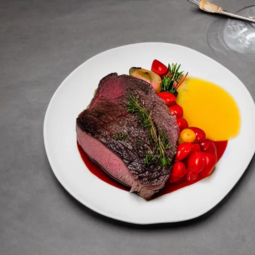 Image similar to perfect beautiful wine beef roast served in michelin star restaurant, juicy sauce, platter of saute vegetables, bokeh, beautiful arrangement, captured on canon eos r 6