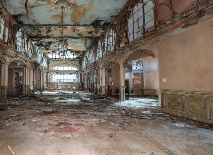 Image similar to the inside of the building Disney world park, shut down, abandoned, Florida, out of business, castle is falling apart, got shut down, kids place, liminal spaces, backrooms, empty, overgrown, Disney world, Disney land, theme park, roller coasters, Disney