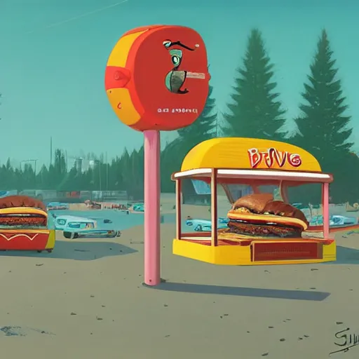 Image similar to drive - in burger restaurant by the beach by simon stalenhag