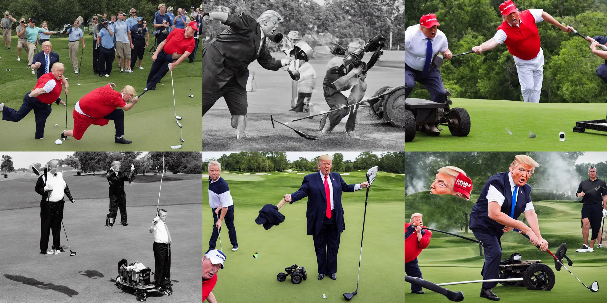 Prompt: action photography : ( subject =! donald trump! + subject detail = panicking expression, sweaty, wearing golf shorts, holding golf club, obese ), background depicts a steamroller driven by! merrick garland!