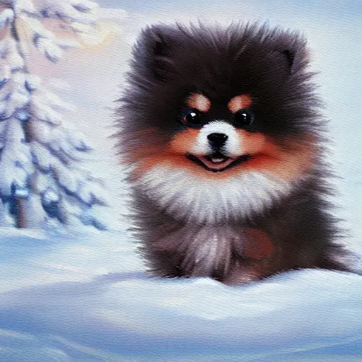 Image similar to cute fluffy pomeranian puppy sitting in snowy winter landscape detailed painting 4 k