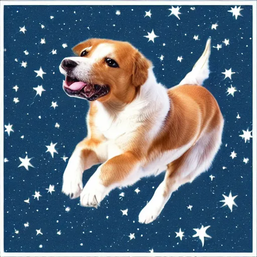 Prompt: king flying through cosmos on corgy