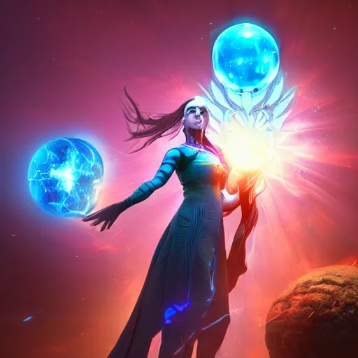 Image similar to a powerful goddess woman floating with a glowing orb of blue power in her hand, trending on artstation, colourful, powerful, dark, mysterious, maximalist, full body shot, japanese, unreal engine 5, evil, warrior, nebula background, wearing a farce robe, army behind her and war - s 1 5 0