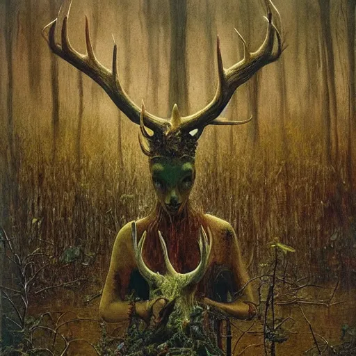 Prompt: forest god walking in the swamp, antlers and flesh exposed, giant horns, resembling deer, highly detailed beksinski art