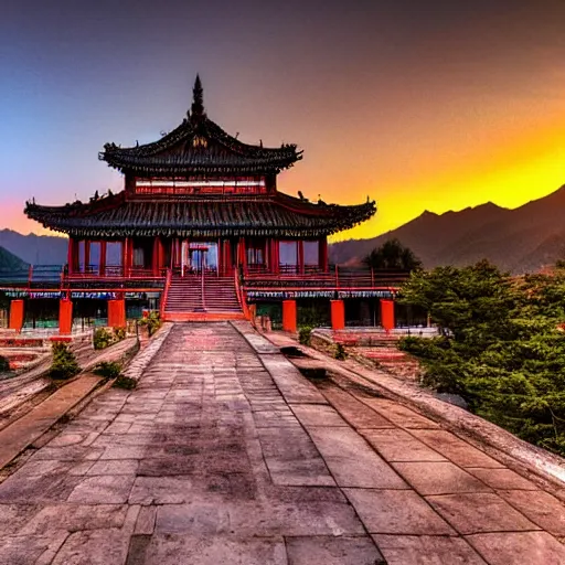 Prompt: a beautiful wide angle HDR photograph of a distant Chinese temple in a vast mountain valley at sunset