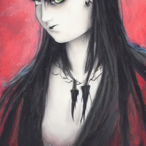 Prompt: A portrait of the character, Death, a young Goth girl wearing a black vest and balck jeans, very little make-up