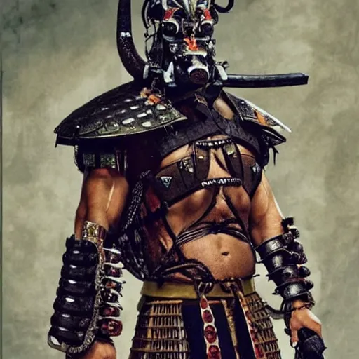 Image similar to big buff very strong very buff samurai wearing a cybernetic oni mask, movie still