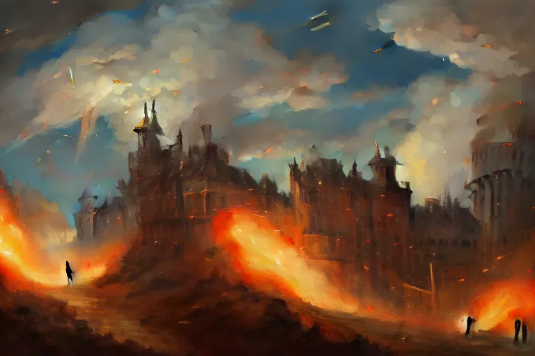 Prompt: baroque oil painting of anime key visual environment concept art of anime rail canon artillery firing over castle walls, smoke debris, grimdark steampunk fantasy, battlefield, trending on artstation, brush strokes, oil on canvas, style of makoto shinkai and greg rutkowski and studio ghibli