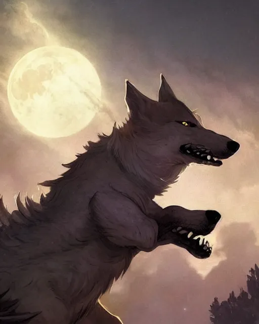 Prompt: '' Illustration of a wolf chasing the moon through the sky, league of legends, LOL, fantasy, d&d, digital painting, artstation, concept art, sharp focus, illustration, art by greg rutkowski and alphonse mucha ''