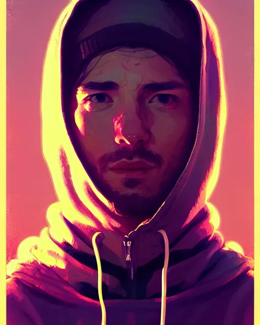 Prompt: music festival, hyper - realistic portrait of a man in a hoodie with detailed background, intricate, 4 k, by atey ghailan, by greg rutkowski, by greg tocchini, by james gilleard, by joe fenton, by kaethe butcher, dynamic lighting, lighting color scheme, sharp focus, grunge aesthetic