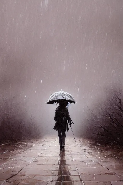 Image similar to Walking in the rain alone, illustrated by Greg Rutkowski and Caspar David Friedrich., Trending on artstation, artstationHD, artstationHQ, 4k, 8k