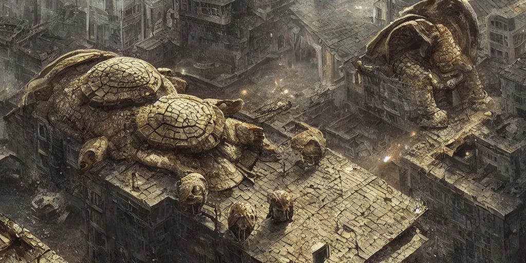 Image similar to abandoned city built on the shell of a huge ancient turtle, greg rutkowski, 8 k, shallow depth of field, intricate detail, concept art,