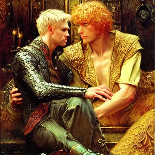 Image similar to handsome arthur pendragon in love with handsome merlin the mage. merlin is also in love with arthur. highly detailed painting by gaston bussiere, craig mullins, j. c. leyendecker