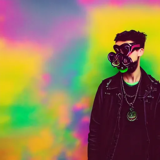 Image similar to kodak portra 1 6 0 photograph of a skinny nerdy goth guy with wild hair wearing goggles and eclectic jewelry, moody lighting, moody aesthetic, telephoto, 9 0 s vibe, rave background, vaporwave colors, faded!,