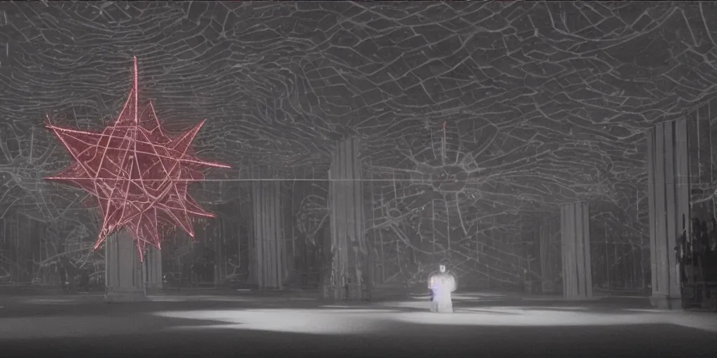 Image similar to light coming out of one starfish - like kaiju anthropomorphic monster, korean film noir by kim jong - il, korean traditional palace, pyongyang city, 1 9 6 0 s, red color bleed, 4 k, video compression, video glitch, monochrome, akira kurosawa, mamoru oshii, wes anderson, stanley kubrick