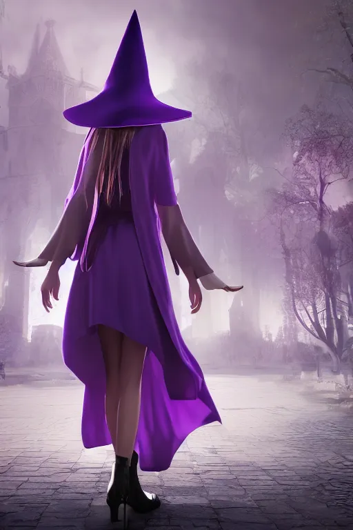 Image similar to Young cute small beautiful girl in form fitting slim purple witch robes and pointy hat at a crowded magical university, full body shot unreal engine hyperreallistic render 8k character masterpiece digital art, trending on Artstation, CGSociety