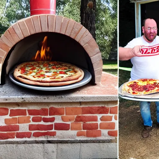 Prompt: shocked man opens pizza oven and discovers a pizza