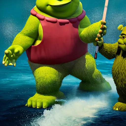 Prompt: life - sized gummi bear and shrek go deep sea fishing in a sportfisherman boat. the bear is fishing for swedish fish candy by using gummi worm candy as bait. photorealistic digital art, epic fantasy, dramatic lighting, cinematic, extremely high detail, cinematic lighting, trending, artstation, cgsociety, 3 d ue 5, 4 k, hq