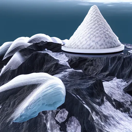 Prompt: A glacier with an ice cone hat, ultra realistic, ultra detailed, award winning, 8K, concept art