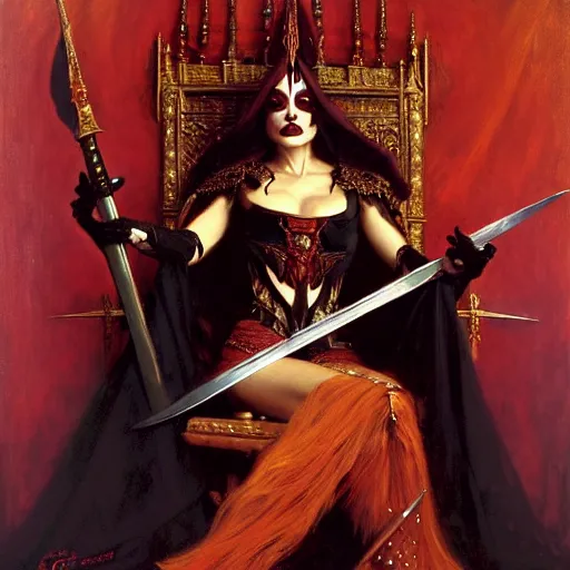 Image similar to full body portrait of red skinned, masked queen in black gothic robes sitting on a throne of swords, elegant, highly detailed painting by gaston bussiere, craig mullins, j. c. leyendecker, 8 k, mid shot