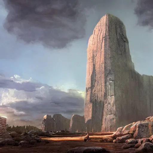 Prompt: distant wide angle rendering of a colossus of stone placing a monolith amongst the clouds, concept art, Bethesda, moebius, distant world, fantasy sci fi