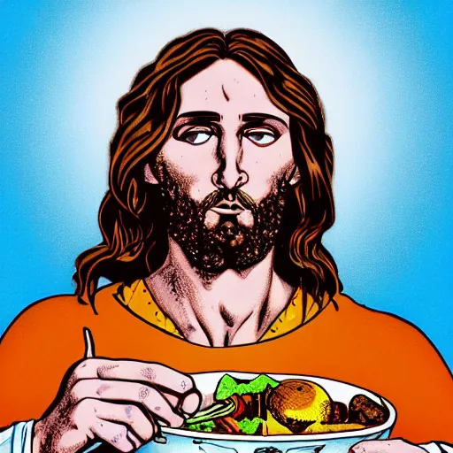 Prompt: precisely drawn illustration of christ eating some ham, wide angle, realistic, no artefacts, sharp, fine details, with accurate features, french comic style, vibrant realistic colors, high definition, full color, heroic fantasy, clear detailed view, intense line art, 8 k, precise linework, realistic, in the style of heavy metal comics and richard corben and moebius