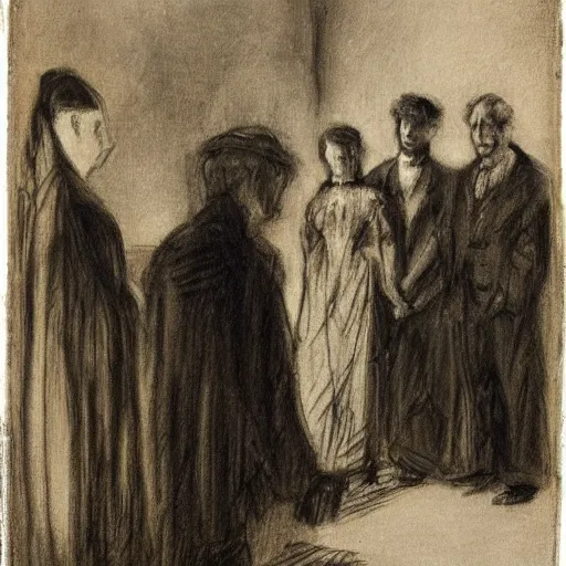 Image similar to a young woman and five man attending a funeral, by alfred stevens, charcoal
