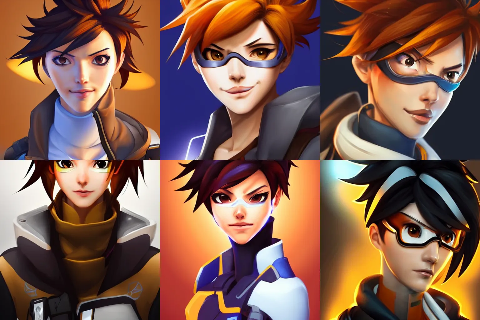 Prompt: portrait of Tracer from Overwatch, centered, face forwards, professional, digital art, 2d, stylized, beautiful, colorful, clean and simple, warm lighting, Krita, Artstation, Pinterest
