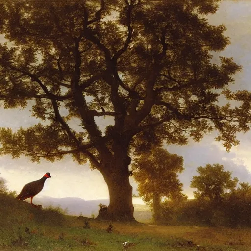 Prompt: an oak tree and a pheasant near poynings and the south downs by william - adolphe bouguereau