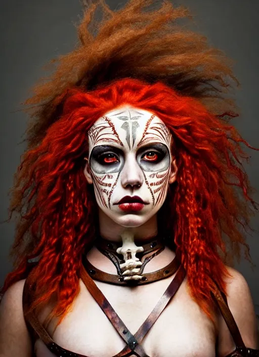 Image similar to a single fierce looking beautiful young woman warrior with curly red hair and symmetrical white makeup, wrapped in leather straps, wearing an intricate head dress made from bones and leather, painted by turner, intricate linework, radiant light, detailed and intricate environment