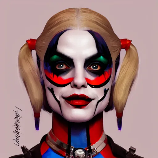 Prompt: Harley Quinn from the suicide squad, portrait, playful, fantasy, medieval, beautiful face, vivid colrs, elegant, concept art, sharp focus, digital art, Hyper-realistic, 4K, Unreal Engine, Highly Detailed, HD, Dramatic Lighting by Brom, trending on Artstation