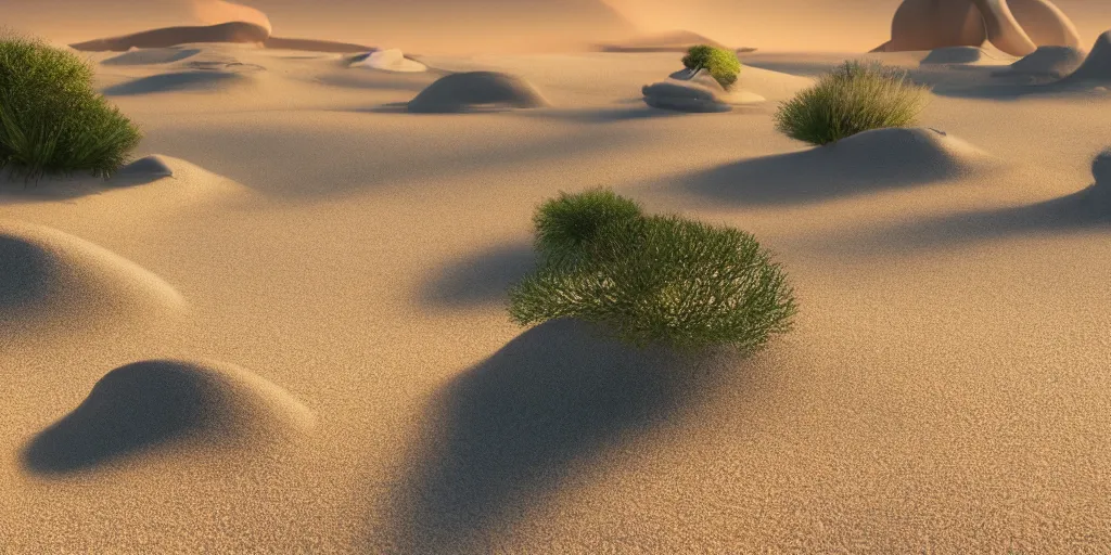 Prompt: a desert environment, Japanese zen garden aesthetic, swirling lines in the sand, cinematic, high dynamic range, octane render, unreal engine 5 lumen, 8k, high resolution