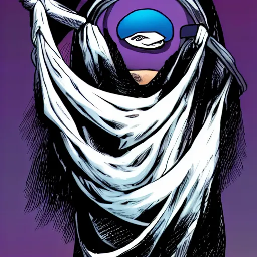 Image similar to white cloaked superhero with a white full ghost mask no mouth and huge black hole - eyes, and a noose knot around his neck hyperdetailed comic book illustration