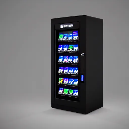 Prompt: a large black vending machine with no front glass panel and a small keypad on the right side, 8 k, hd, photorealistic, cinematic lighting, dark room, blue glow