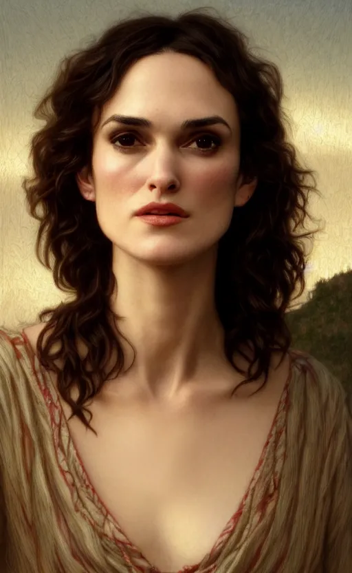 Image similar to winona ryder, kiera knightly, traditional corsican, intricate, highly detailed, artstation, illustration, jurgens, rutkowski, bouguereau, pastoral, rural, georgic