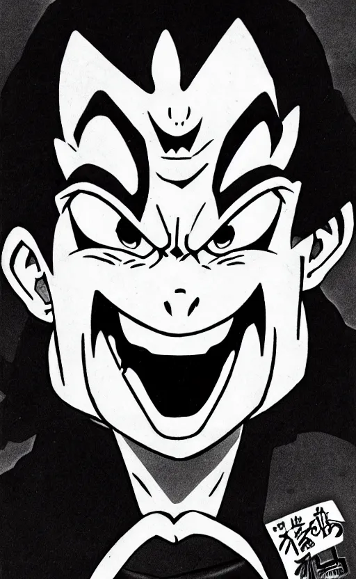 Prompt: man with evil eyes and a grin on his face, Toriyama style