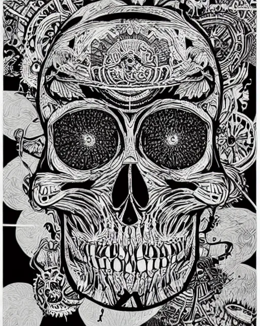 Image similar to an intricate exploding skull, screen print, art by Gustavo Bernal, Garavato