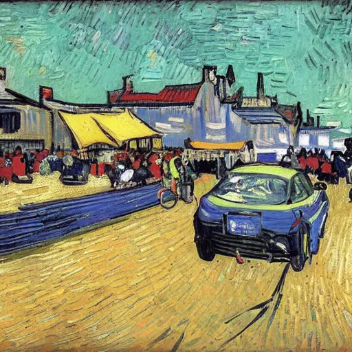 Image similar to pit lane accident. painted by van gogh. bright colors . extreme heat