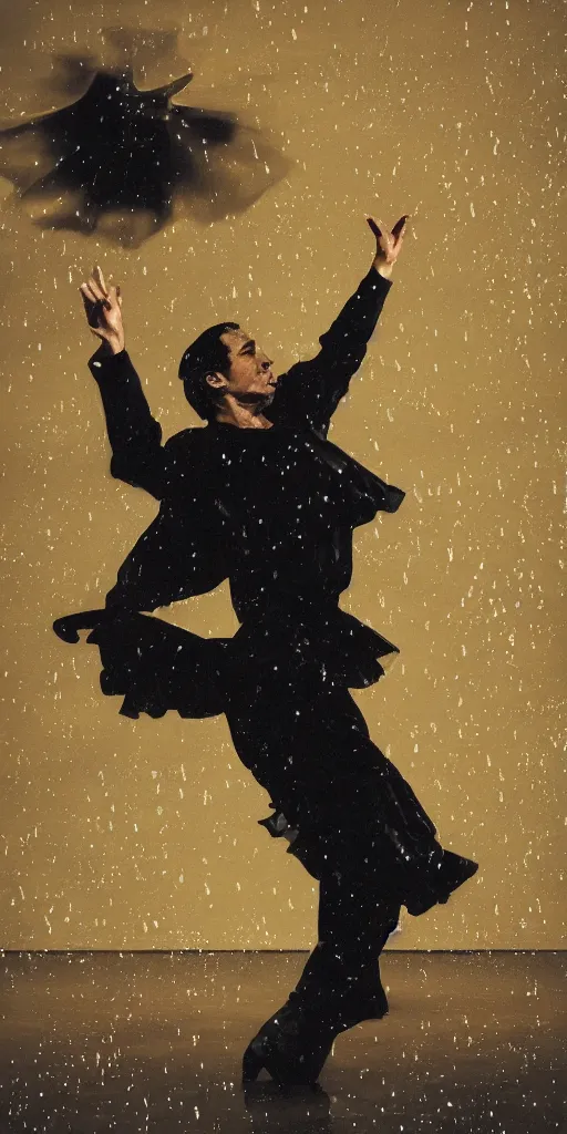 Prompt: antonio gades dancing flamenco on the rain stormcloud realistic