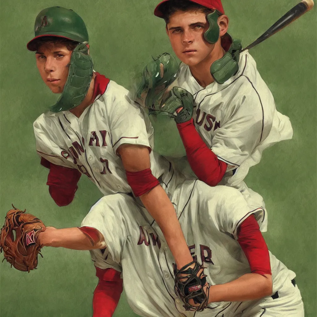 Prompt: portrait of a young baseball player is playing a baseball, in the green baseball field, male, gorgeous, red eyes, peaceful expression, detailed face, amazing, thighs, the feeling of summer, intricate, highly detailed, digital painting, artstation, concept art, sharp focus, illustration, art by greg rutkowski and alphonse mucha
