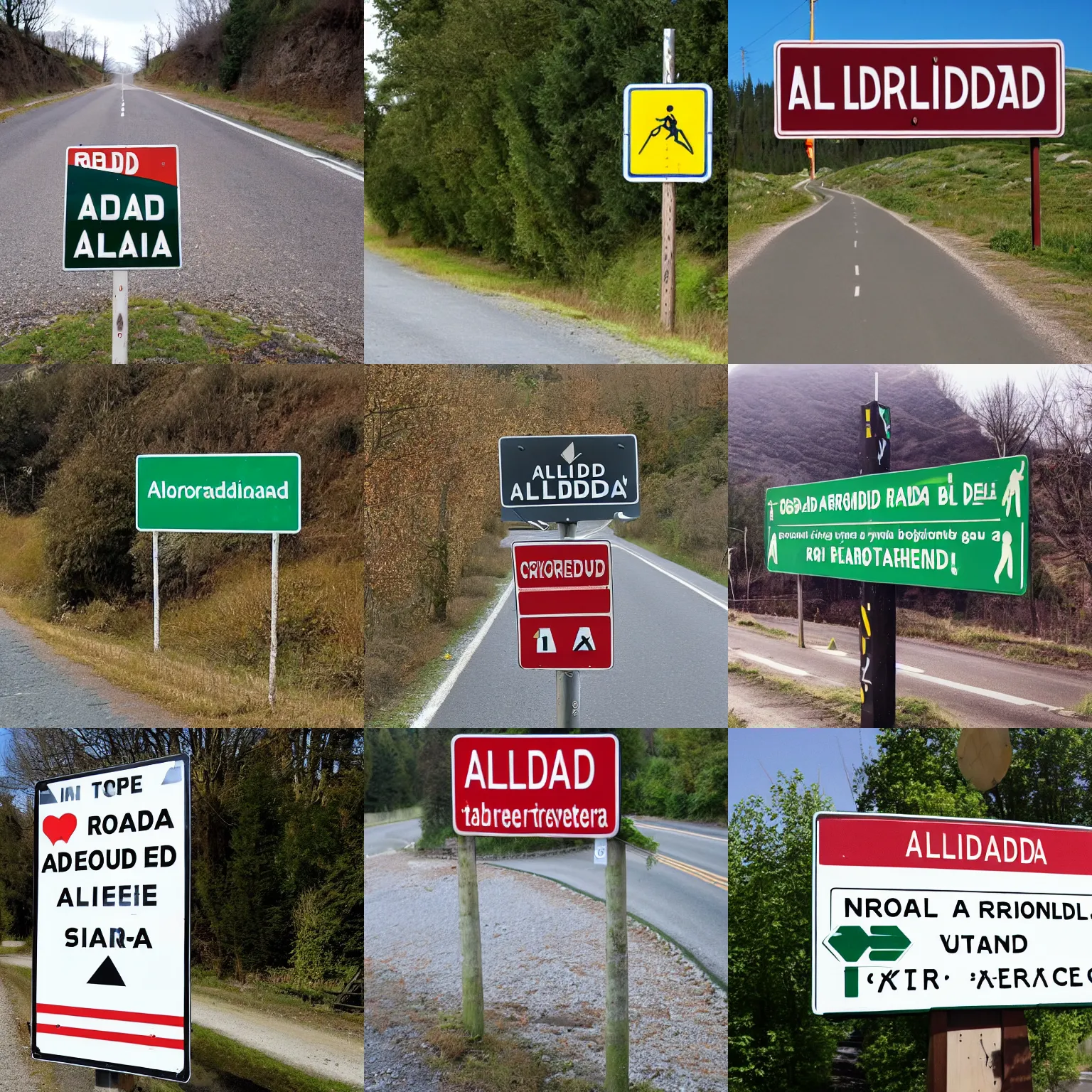 Prompt: a road sign in albrondia, written on albrondic