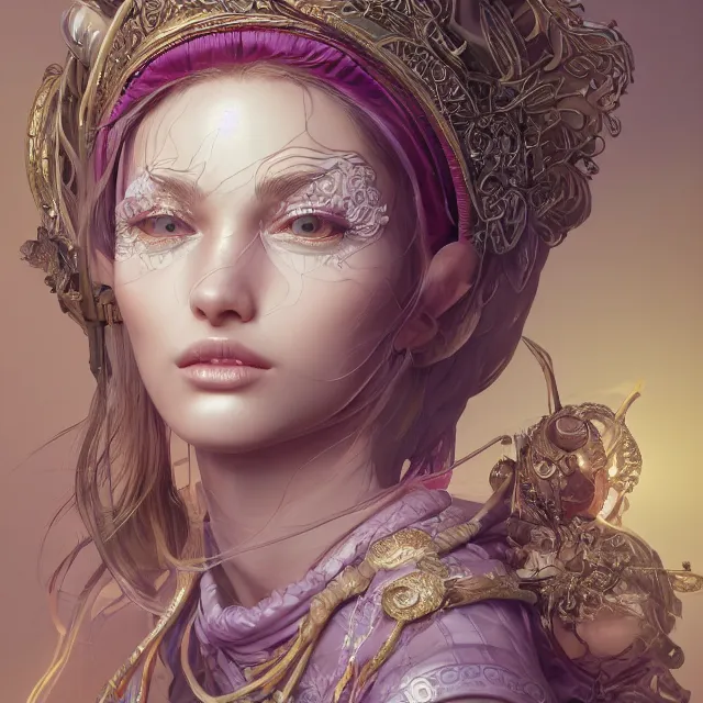 Image similar to studio portrait of neutral good colorful female cleric bard healer as absurdly beautiful, elegant, young sensual pretty woman, ultrafine hyperrealistic detailed face illustration by kim jung gi, irakli nadar, intricate linework, sharp focus, bright colors, matte, octopath traveler, final fantasy, unreal engine highly rendered, global illumination, radiant light, intricate environment