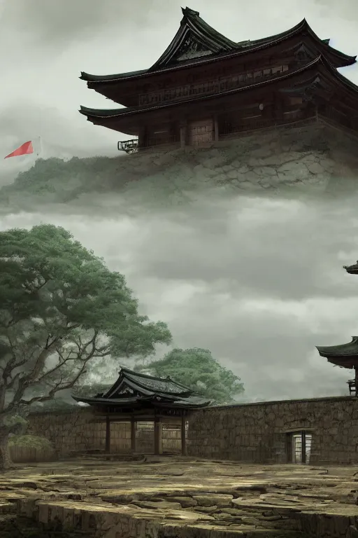 Image similar to detailed digital painting of old, ruined, japanese fort from sengoku period, overcast weather, environment concept art, photobash, overcast weather, unreal engine render, nanite