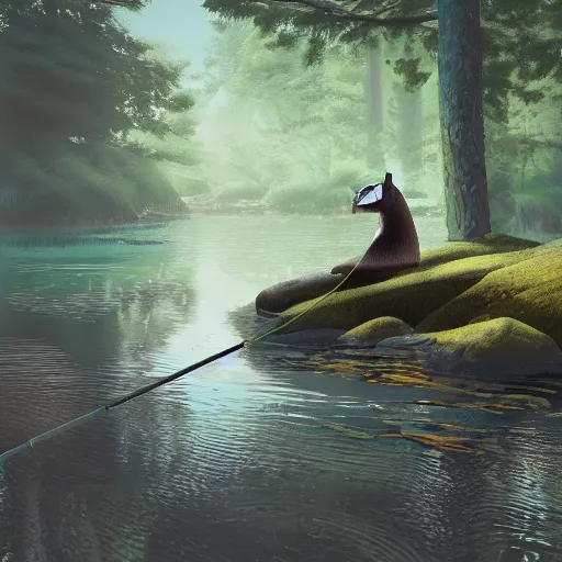 Image similar to painting of otter-fishman with fishing rod, stylized, octane render, morning forest river, Ghibli style, godraze, volume light