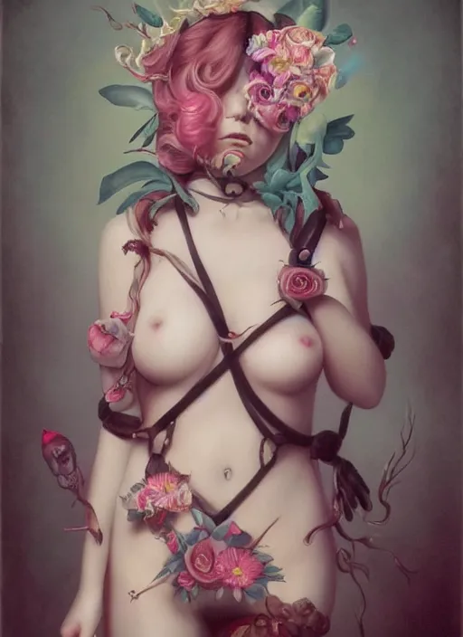 Image similar to pop surrealism, lowbrow art, realistic seductive cute woman painting, body harness, japanese shibari with flowers, hyper realism, muted colours, rococo, natalie shau, loreta lux, tom bagshaw, mark ryden, trevor brown style,
