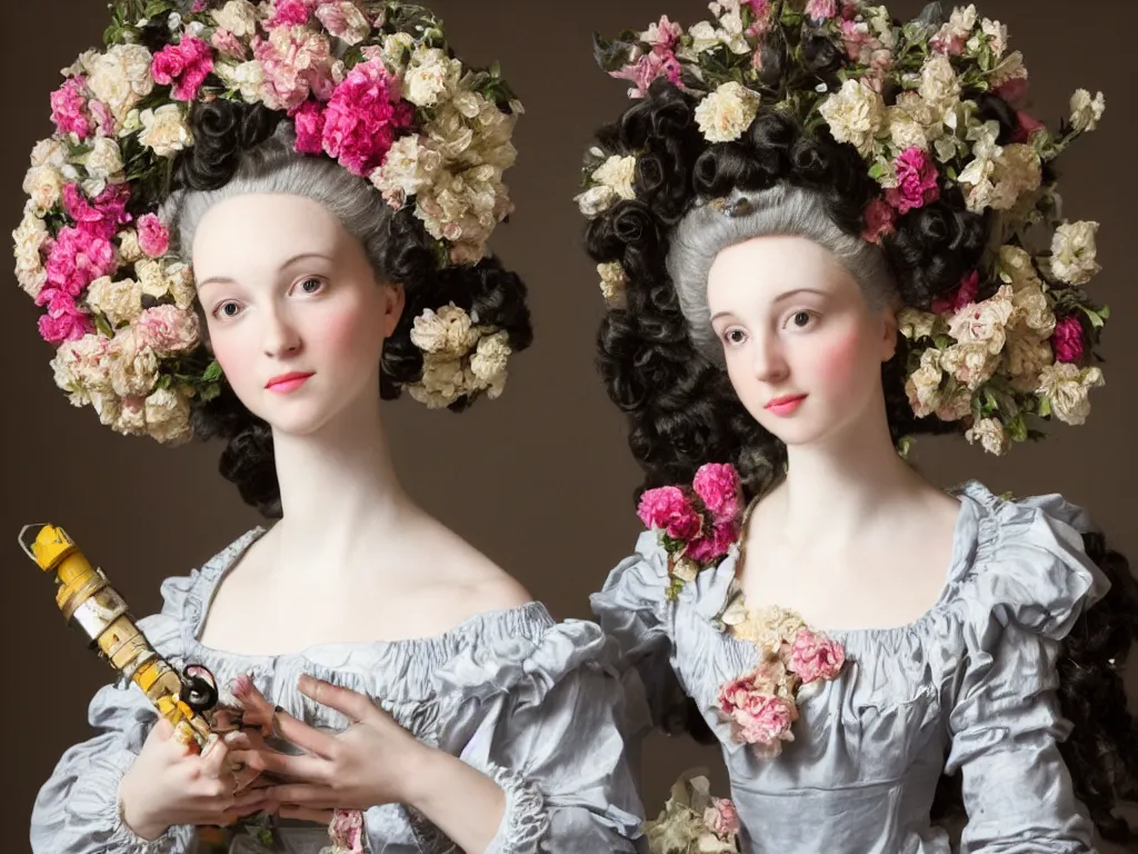 Image similar to robotic mechanic parts marie antoinette beautiful young woman with baroque wig with flowers