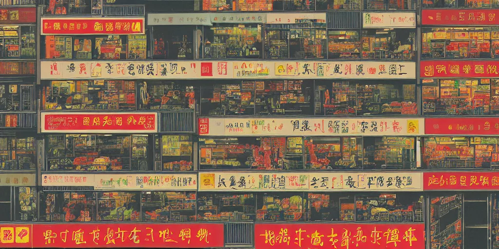 Prompt: a supermarket in hong kong, by dan mumford and peter doig and edward hopper, symmetrical, minimal, black ink, thick lines highly detailed, muted colours, overlaid with chinese adverts, 8 k