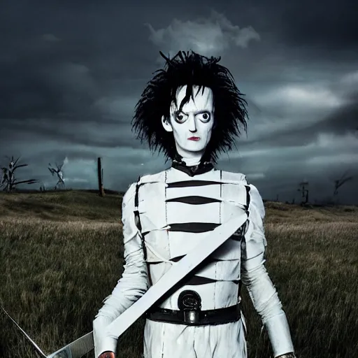 Image similar to first still taylor momson as edward scissorhands in edward scissorhands remake, ( eos 5 ds r, iso 1 0 0, f / 8, 1 / 1 2 5, 8 4 mm, postprocessed, crisp face, facial features )