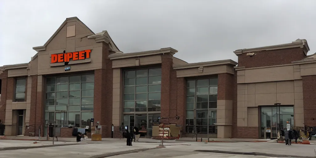 Prompt: home depot building exterior, zombie hoards painted by david friedrich